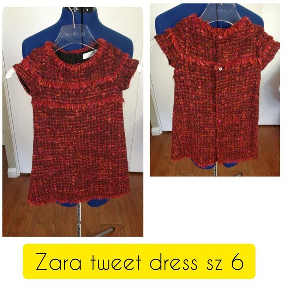 Zara Interview Pageant little Girls Red/Orange Cap Sleeve Long Tweed Dress Sz 6 - Picture 2 of 5